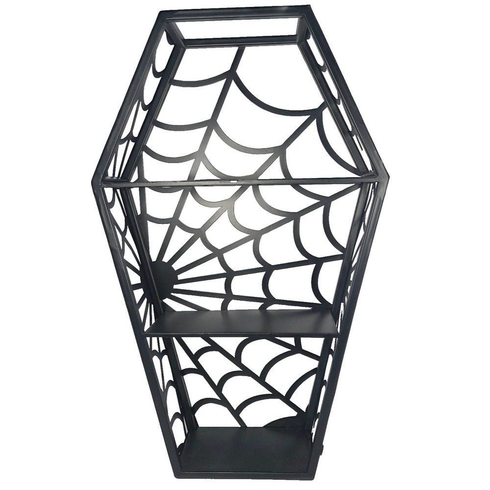 Halloween Coffin Shelf Spiderweb Black Metal 3 Tier Gothic Wall Decor 21 Inch